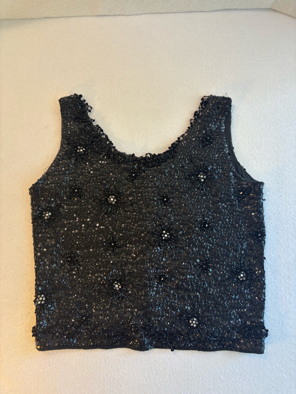 Vintage 1950s Black Beaded Floral Embellished Tank, 100% Wool